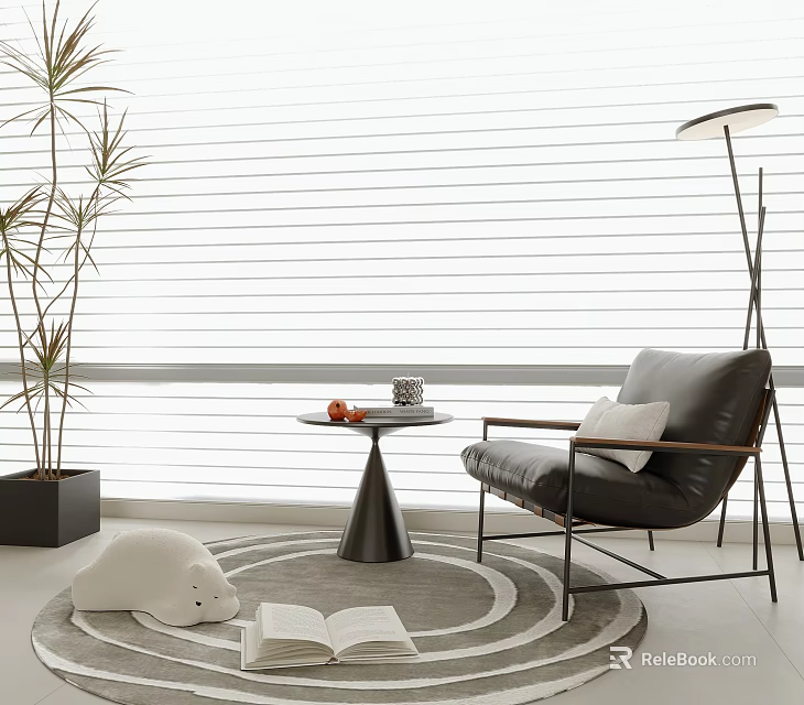 Modern Leather Leisure Chair in Bright Room with Floor Lamp Round Table and Patterned Rug 3d model 