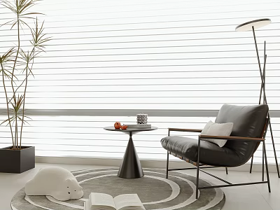 Modern Leather Leisure Chair in Bright Room with Floor Lamp Round Table and Patterned Rug 3d model