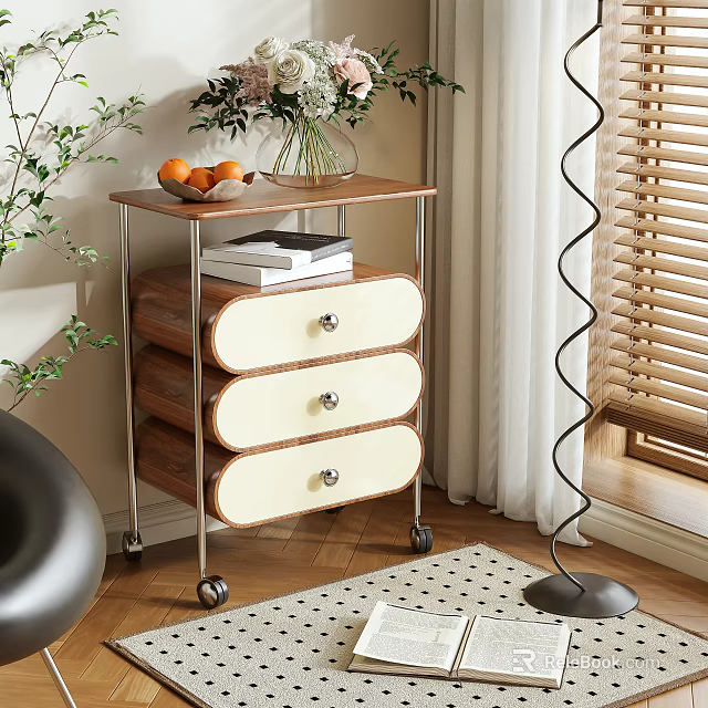 Modern Chest of Drawers with Wooden Top Metal Frame on Wheels for Living Room Storage 3d model 