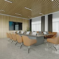 Modern Meeting Room with Large Screen Wooden Ceiling Long Tables and White Chairs