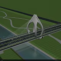 Modern Unique Shaped Bridge Over River With Green Grass And City Skyline