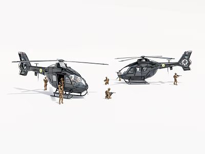 Two Black Military Helicopters Parked With Armed Soldiers Standing Around Them 3d model