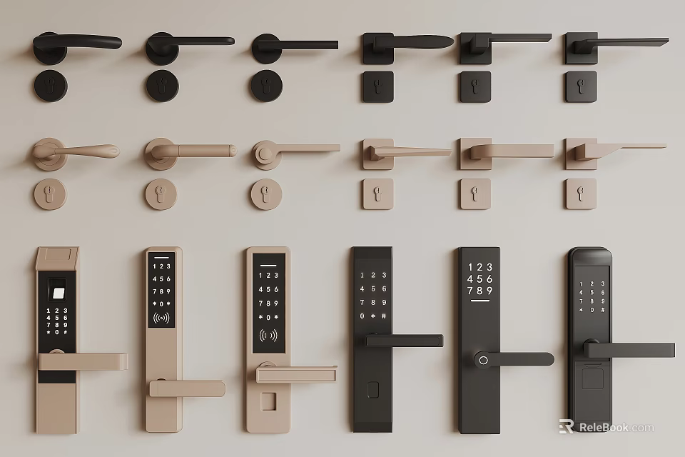 Different Styles of Door Handles Including Black Beige and Digital Keypad Designs 3d model 