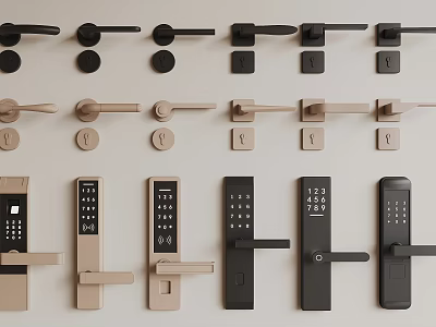 Different Styles of Door Handles Including Black Beige and Digital Keypad Designs 3d model