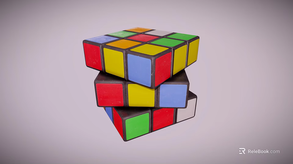 Three Stacked Rubiks Cubes With Colorful Square Faces And Various Colors 3d model 