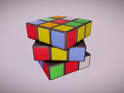 Three Stacked Rubiks Cubes With Colorful Square Faces And Various Colors 3d model