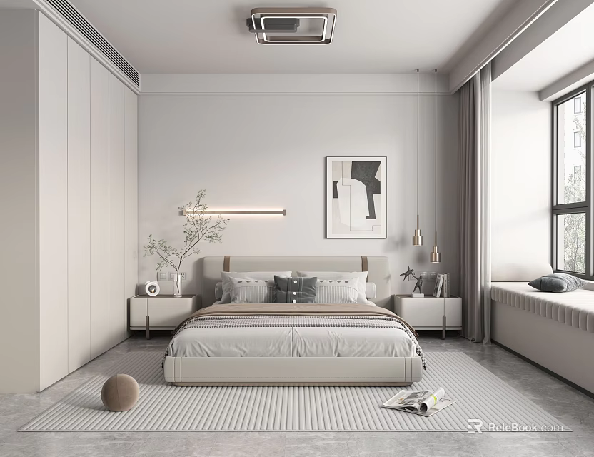 Minimalist Bedroom Interior With Bed Bedside Tables Wall Lamp Artwork And Window Rug 3d model 