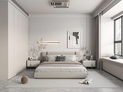 Minimalist Bedroom Interior With Bed Bedside Tables Wall Lamp Artwork And Window Rug 3d model