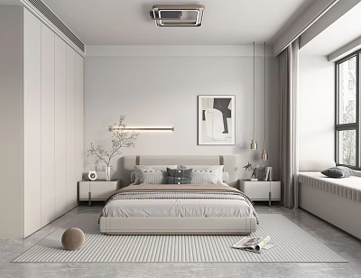 Minimalist Bedroom Interior With Bed Bedside Tables Wall Lamp Artwork And Window Rug 3d model