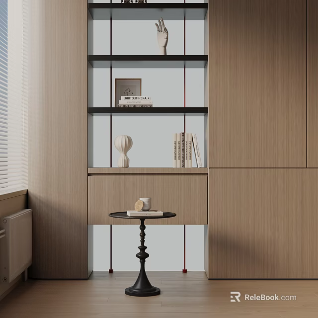 Minimalist Modern Side Table With Books And Decorative Items On Wooden Shelf 3d model 