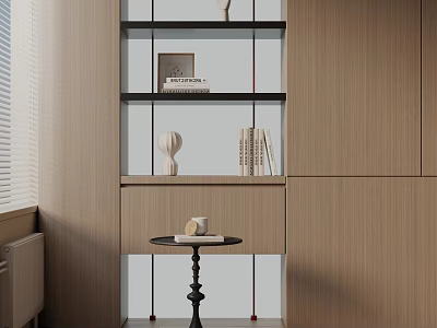 Minimalist Modern Side Table With Books And Decorative Items On Wooden Shelf 3d model