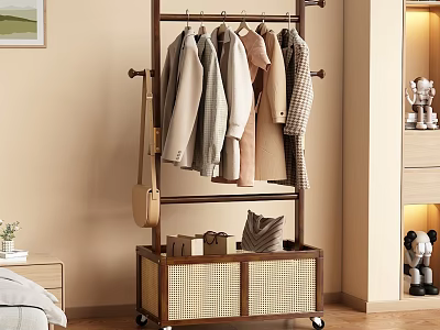 Clothes Hanging On Rolling Rack With Storage Compartment In Modern Bedroom Interior 3d model
