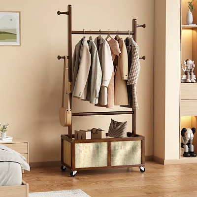 Clothes Hanging On Rolling Rack With Storage Compartment In Modern Bedroom Interior 3d model