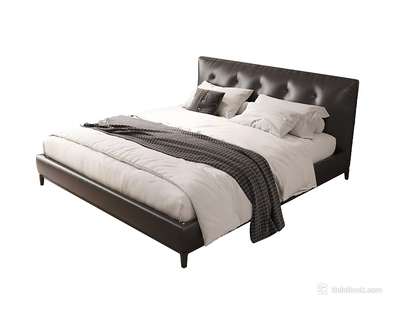 Modern Double Bed With Black Leather Headboard White Sheets And Gray Blanket 3d model 