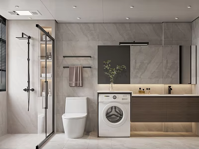 Modern Bathroom With Glass Shower Toilet Washing Machine Marble Wall And Mirror Cabinet 3d model