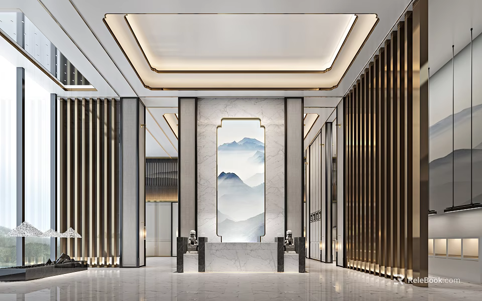 Modern Hotel Lobby Interior With Elegant Lighting Spacious Layout Marble Front Desk And Mountain Painting 3d model 