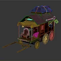 Vintage Wooden Carriage With Purple Canopy Seats Four Wheels Windows And Hitch