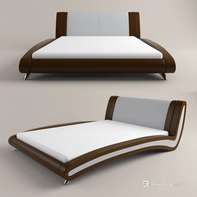 Modern Double Bed Design With Brown Leather Frame And White Mattress 3d model