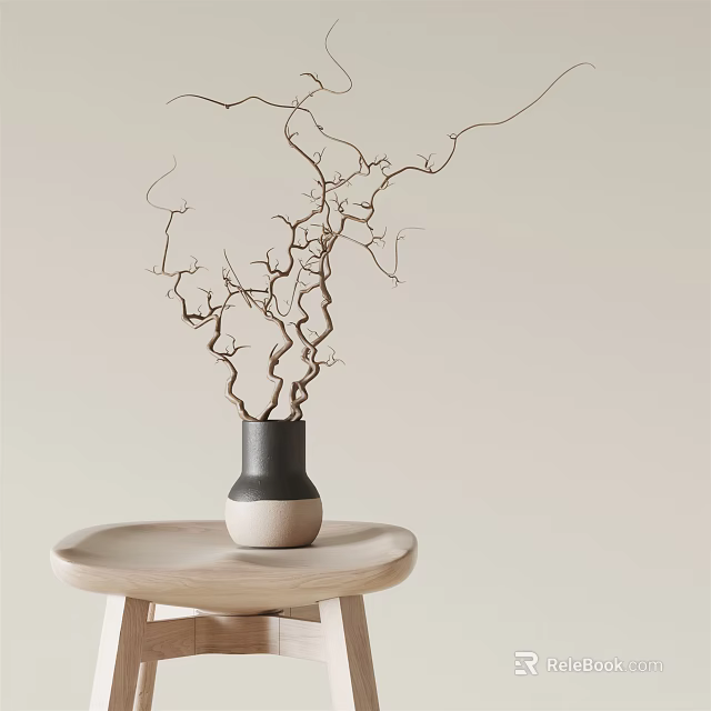Curved Branch Like Flowers In Black White Gradient Vase On Light Wooden Round Table With Light Background Interior Decoration 3d model 