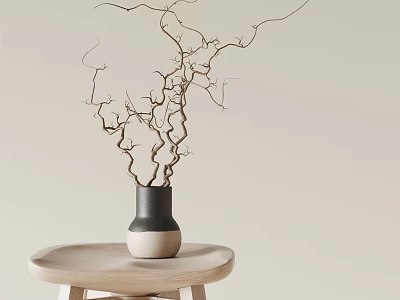 Curved Branch Like Flowers In Black White Gradient Vase On Light Wooden Round Table With Light Background Interior Decoration 3d model