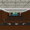 Modern Conference Room With Wooden Walls Large Projection Screen Black Chairs And Green Plants