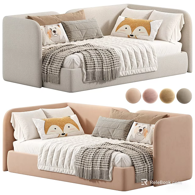 Cozy Single Bed with Fox Pattern Pillows Plaid Blanket and Color Options 3d model 
