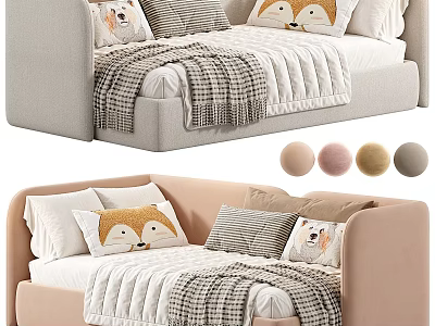 Cozy Single Bed with Fox Pattern Pillows Plaid Blanket and Color Options 3d model