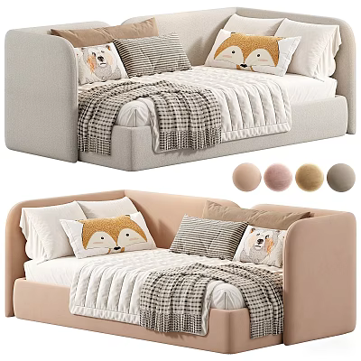 Cozy Single Bed with Fox Pattern Pillows Plaid Blanket and Color Options 3d model