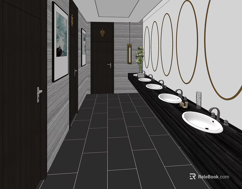 Modern Public Restroom Featuring Multiple Sinks Circular Mirrors Gray Walls And Dark Tiles 3d model 
