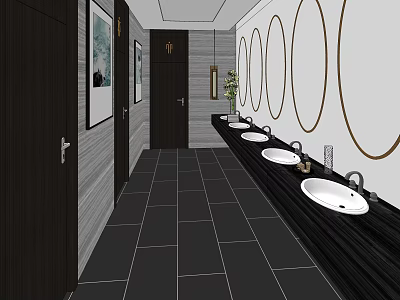 Modern Public Restroom Featuring Multiple Sinks Circular Mirrors Gray Walls And Dark Tiles 3d model