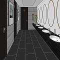 Modern Public Restroom Featuring Multiple Sinks Circular Mirrors Gray Walls And Dark Tiles