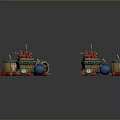 Vintage Weapon Display With Wooden Barrels Red Bomb Like Objects Blue Pots And Gauges