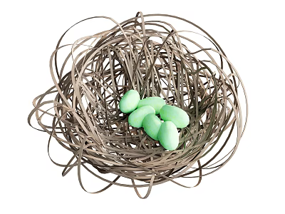 Decorative Ornament Set With Brown Paper Strip Nest And Light Green Egg Shaped Ornaments 3d model