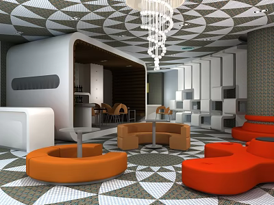 Modern Stylish Lounge Area With Geometric Ceiling Chandelier Orange Brown Circular Seats And Patterned Floor 3d model