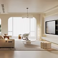Modern Minimalist Living Dining Room Interior With Sofa Dining Table TV Pendant Lights And Plant