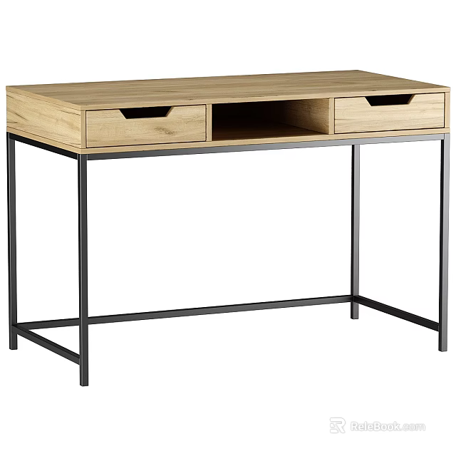 Modern Wooden Desk With Metal Frame Two Drawers And Minimalist Design Perfect For Home Office 3d model 