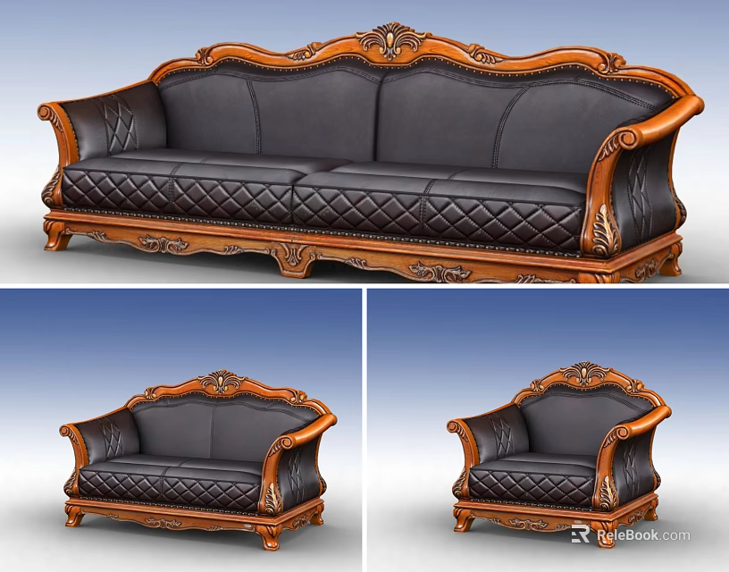 Classic Style Black Leather Sofa Set Featuring Carved Wooden Frame Armrests And Quilted Pattern 3d model 