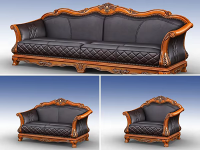 Classic Style Black Leather Sofa Set Featuring Carved Wooden Frame Armrests And Quilted Pattern 3d model