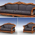 Classic Style Black Leather Sofa Set Featuring Carved Wooden Frame Armrests And Quilted Pattern