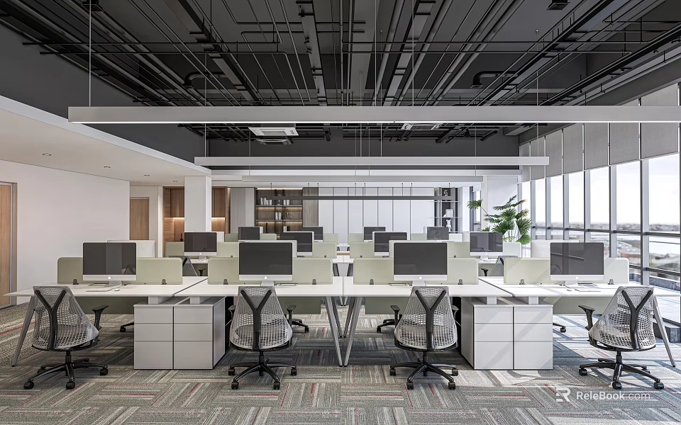 Modern Open Plan Public Office Space With Workstations And Ergonomic Chairs 3d model 
