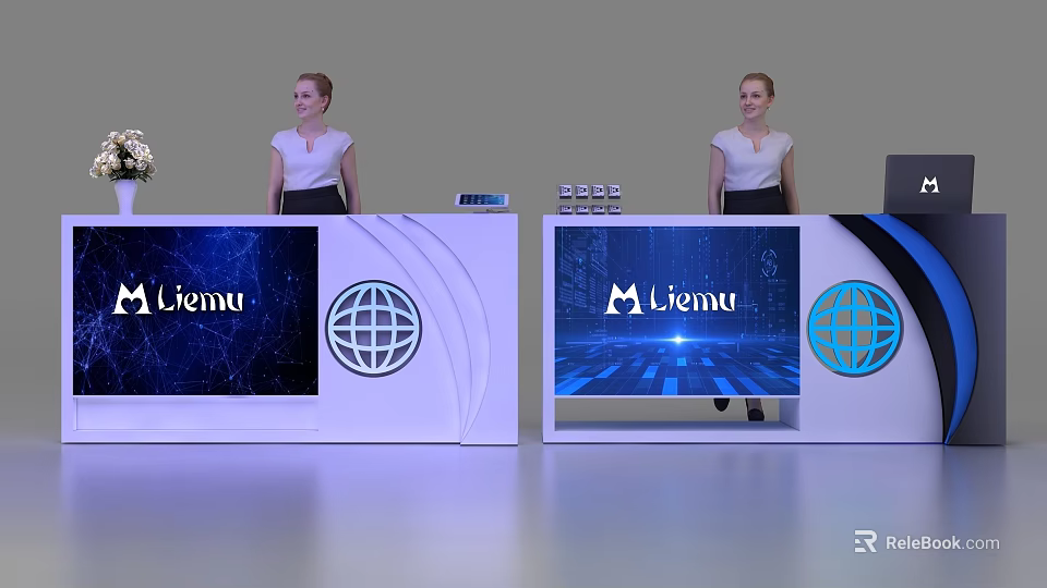 Modern Liema Reception Desk With Globe Logo And Tech Inspired Background 3d model 