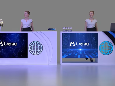 Modern Liema Reception Desk With Globe Logo And Tech Inspired Background 3d model