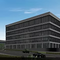 Modern Glass Curtain Wall Office Building With Multiple Floors Surrounding Road And Greenery