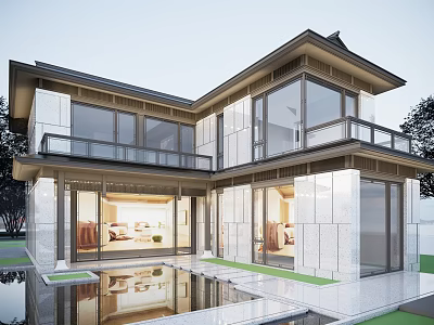Modern Detached Villa Exterior With Large Glass Windows Stone Walls Balcony And Pool Reflection 3d model
