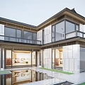 Modern Detached Villa Exterior With Large Glass Windows Stone Walls Balcony And Pool Reflection