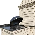 Outdoor Brick Kitchen With Black Countertop Chimney Faucet And Lid Covered Grill