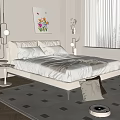 Modern Double Bed With White Bedding Pillows Wall Art And Hanging Lights