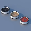 Different Types of Spices in White Bowls on Gray Background