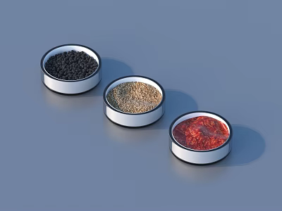 Different Types of Spices in White Bowls on Gray Background 3d model