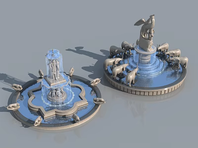 Decorative Garden Ornaments with Fountain Statues and Animal Figurines on Pedestals 3d model